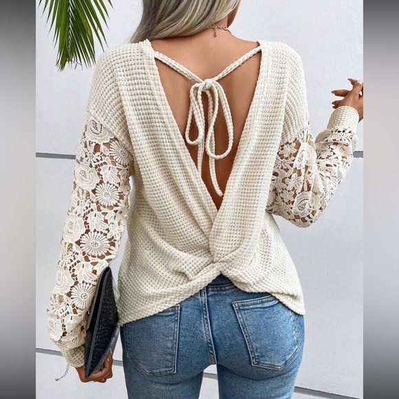 Boho floral embroidered lace sleeve twisted open tie back top - Picture 1 of 16